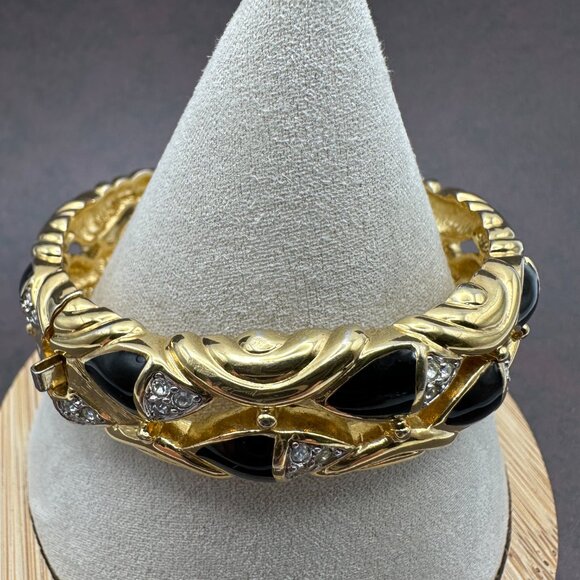 Vintage Saks Fifth Avenue Gold-Tone and Black Enamel and Quartz Bracelet - Picture 5 of 12